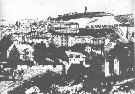 View of Brighton from Road Hill North c 1850 To the right of the Pavilion and Dome see the West Hill, with St Nicholas Church, Hudson’s mill between Albert Road and West Hill Road, and the new railway  