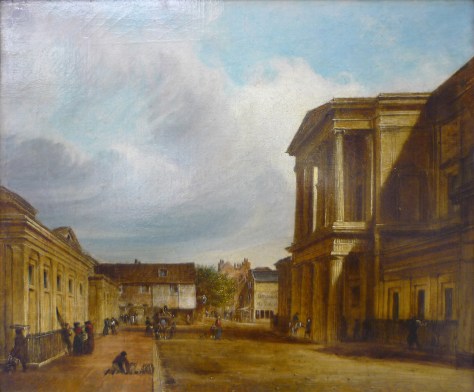 "The Town Hall, Brighton" by Edward Fox, showing a view of Brighton Town Hall with figures in the street and a blue sky with sweeping cloud above. c.1840